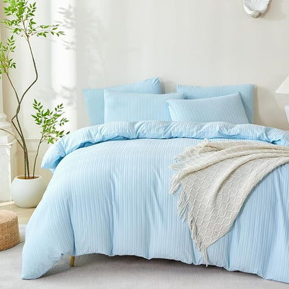 Comforter King Set Light Blue Striped Soft Luxury Washed Microfiber Jacquard 3 Pieces Bedding, Blue Vertical Ticking Stripes Pattern Comforter with 2 Pillowcases Breathable Durable Comfy