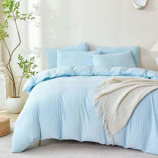 Comforter King Set Light Blue Striped Soft Luxury Washed Microfiber Jacquard 3 Pieces Bedding, Blue Vertical Ticking Stripes Pattern Comforter with 2 Pillowcases Breathable Durable Comfy