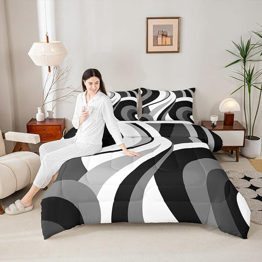 Gray Black White Spiral Queen Comforter Set for Adult Women Men Modern Swirls Stripes Abstract Bedding Set for Minimalists Boho Aesthetic Geometric Bed Sets Graffiti Art Lines Quilt Sets