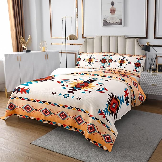 Geometric Aztec Kids Bedspread Queen Size,Western Cowboy Arrow Grid Patchwork Coverlet Set,Boys Girls Room Decor,Southwest Bohemia Tribal Ethnic Quilted Coverlet,Chic Bedding Quilt,2 Pillowcases
