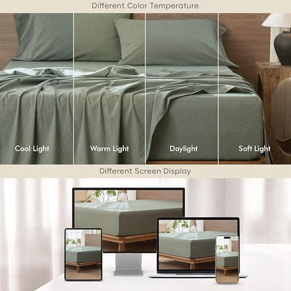 MooMee Fitted Bottom Sheet Only 100% Washed Cotton Linen Like Textured Breathable Durable Soft Comfy Deep Pocket Fits Mattress up to 17" (Heathered Green, Twin)