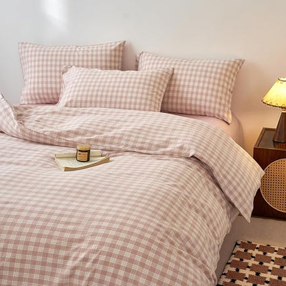 Pink Gingham King Duvet Cover Set Washed Cotton Boho King Comforter Cover Checkered Plaid Lightweight Cute Duvet Cover Set with Hidden Zipper Cozy Teen Bedding Set for Girls Duvet Protector