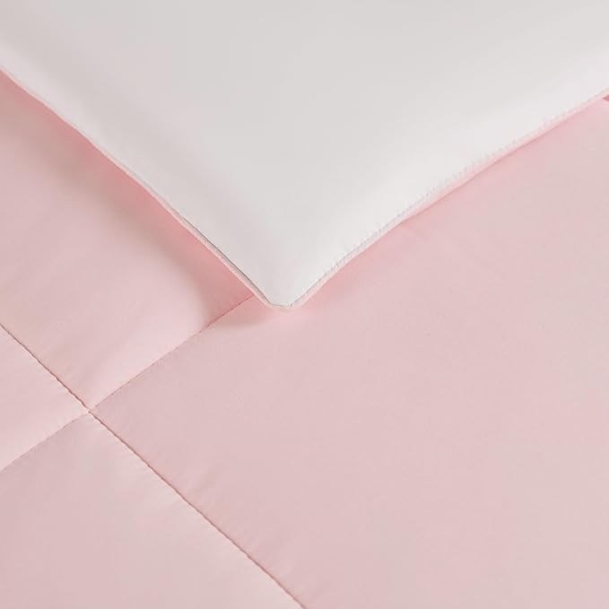 Juicy Couture Reversible Box Stitch Comforter Set, 2-Piece Twin/Twin XL – Pink Marshmallow/White – Glam Bedding Set
