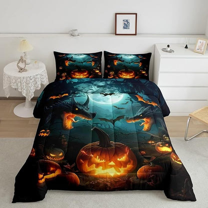 Dragon Pumpkin Comforter Set King Size,Bat Moon Tree Branch Horror Bedding Set for Kids Boys Girls Room Decor,Happy Halloween Duvet Insert 3Pcs,Retro Wild Animal Moonlight Quilt Set,2 Pillowcases