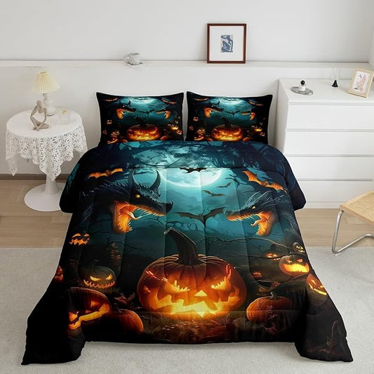 Dragon Pumpkin Bedding Set Full Size,Bat Moon Tree Branch Horror Comforter Set for Kids Boys Girls Room Decor,Happy Halloween Duvet Insert 3Pcs,Retro Wild Animal Moonlight Quilt Set,2 Pillowcases