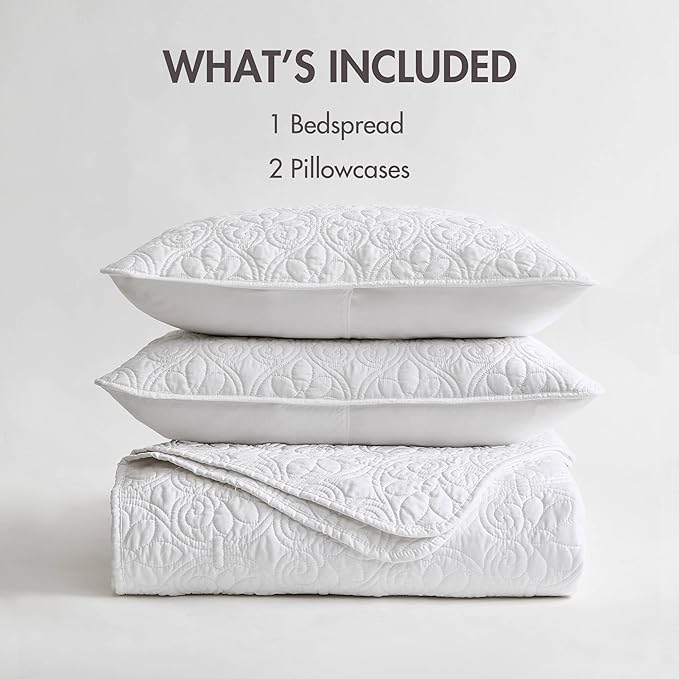 Madison Park Quebec Reversible Quilt Set Damask Design, Double Sided Stitching All Season, Lightweight Bedspread Bedding Set, Matching Sham, White, Twin(81"x110") 2 Piece