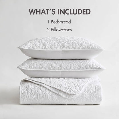 Madison Park Quebec Reversible Quilt Set Damask Design, Double Sided Stitching All Season, Lightweight Bedspread Bedding Set, Matching Sham, White, Twin(81"x110") 2 Piece