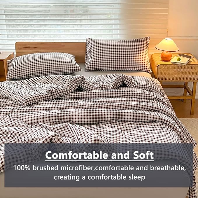 NSNLGSGC King Size Comforter Set, Mocha Gingham Bedding Comforter Sets, Dark Brown Grid Bed Comforter 3 Pieces (1 Comforter, 2 Pillowcases)
