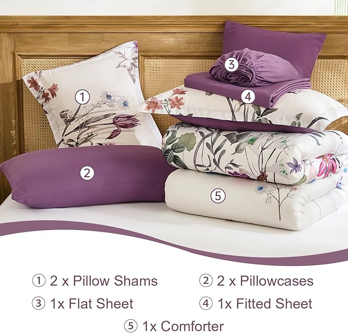 WONGS BEDDING Queen Comforter Set 7 Piece, Purple Floral Bed in a Bag Bedding Set with Botanical Flowers Patterns, Soft Lightweight Complete Comforters with Sheets for All Season