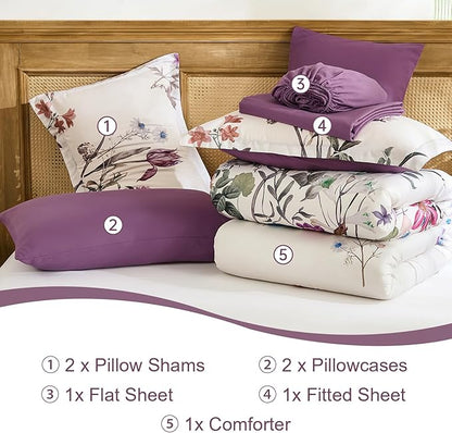 WONGS BEDDING Queen Comforter Set 7 Piece, Purple Floral Bed in a Bag Bedding Set with Botanical Flowers Patterns, Soft Lightweight Complete Comforters with Sheets for All Season