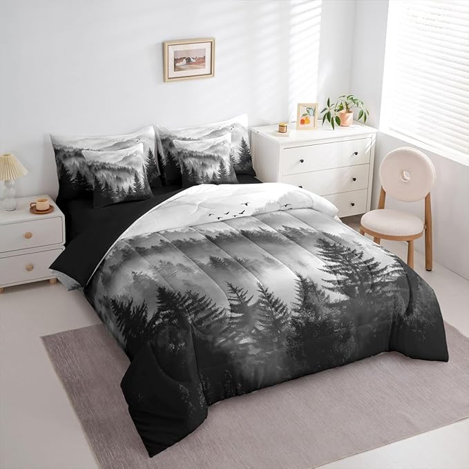 Erosebridal Foggy Mountain Full Comforter Set with Sheets 7 Piece Grey Forest Pine Tree Bed in A Bag Nature Misty Woodland Bedding Sets for Kids Adults,Flying Bird Bed Set