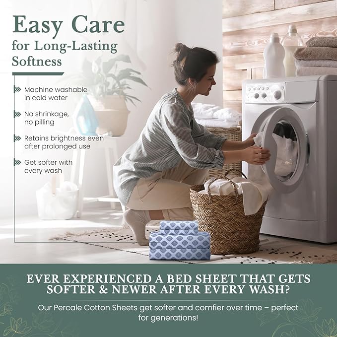 Feather & Stitch Softest 100% Cotton Sheets, 300 Thread Count Percale Weave Bedding, 16" Deep Pocket, Cooling Sheets, Breathable Bed Set, Hotel Premium Quality (Twin, Diamond)
