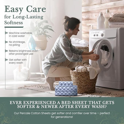 Feather & Stitch Softest 100% Cotton Sheets, 300 Thread Count Percale Weave Bedding, 16" Deep Pocket, Cooling Sheets, Breathable Bed Set, Hotel Premium Quality (King, Diamond)