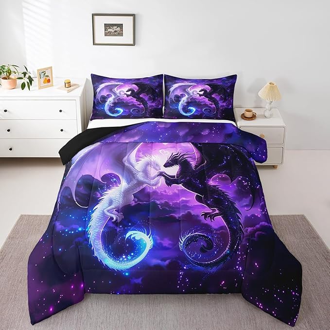Black White Dragon Comforter Set Queen Size,Nebula Star Glitter Bedding Set for Kids Teens Couple Adults Room Decor,Western Magical Wildlife Duvet Insert 3Pcs,Animal Purple Quilt Set,2 Pillowcases