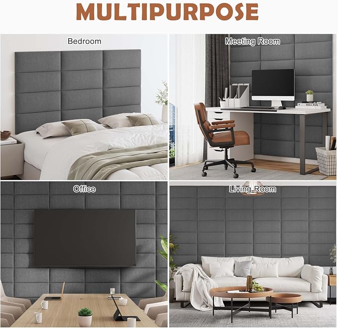 IFNOW Wall Mounted Headboard, Peel and Stick Panels, Dark Grey, King | 3D Soundproof Acoustic Padding, Reusable and Removable Tufted fabric Bed Headboard for bedroom (12 Panels, 10" x 24")