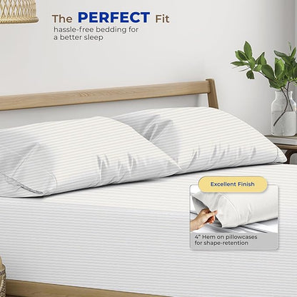 Thread Spread 100% Egyptian Cotton King Size Pillow Cases Set of 2 - Luxury 600 Series Bliss Collection Pillow Cases King Size (Ivory Stripe), Soft Cooling Hotel Cotton Pillowcases