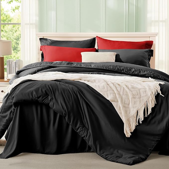 Anluoer Black and Red Queen Comforter Set 7 Pieces, Bed in a Bag with Sheets, All Season Bedding Sets with 1 Comforter, 2 Pillow Shams, 2 Pillowcases, 1 Flat Sheet, 1 Fitted Sheet