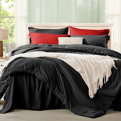 Anluoer Black and Red Queen Comforter Set 7 Pieces, Bed in a Bag with Sheets, All Season Bedding Sets with 1 Comforter, 2 Pillow Shams, 2 Pillowcases, 1 Flat Sheet, 1 Fitted Sheet
