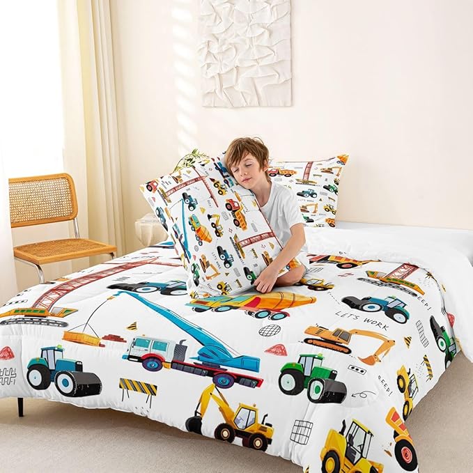 Erosebridal Cartoon Car Kids Comforter Set Truck Bedding Set Decor Construction Excavator Tractor Quilted Duvet Heavy Machinery Digger Mixer Down Comforter for Children Boys Teens 3Pcs Queen