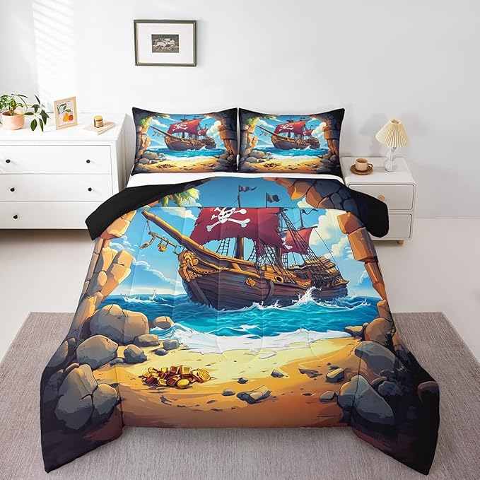 Castle Fairy Pirate Boat Comforter Set Queen Size for Kids Boys Girls Navigation Treasure Adventure Bedding Sets All Season Gothic Sugar Skull Quilt Set Bedroom Decor Nautical Down Comforter,3Pcs