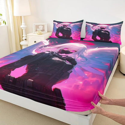 Erosebridal Queen Japanese Anime Bedding Set Anime Girl Fitted Sheet for Kids Girls Teens Men Bedroom, Cartoon Girl Bed Sheets Kawaii Japanese Animation Sheets 3 Piece with 2 Pillow Cases
