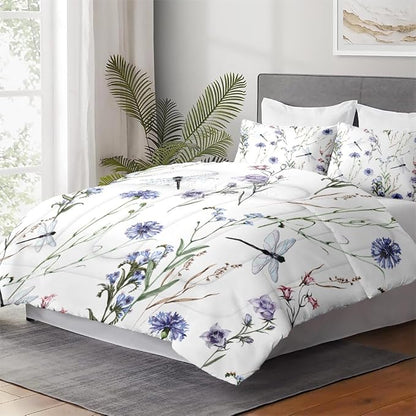 King Size Comforter Set with 2 Pillowcases, Summer Flower Painting Dragonfly Floral Soft 3 Pcs Bedding for Kids and Adults Bedroom Bed Decor