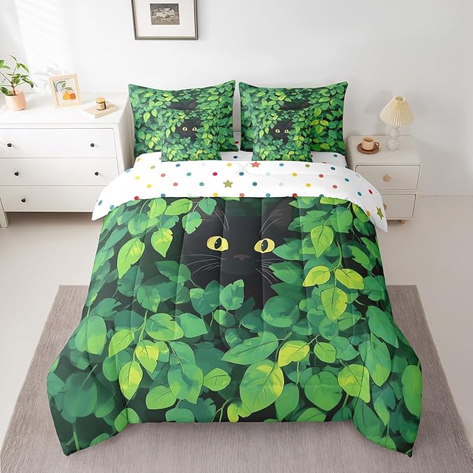 jejeloiu Cute Cat Bedding Set 7Pcs King Size Kids Kawaii Kitten Comforter Set with Sheets for Boys Girls Green Plant Bed in a Bag Soft Lightweight,Microfiber