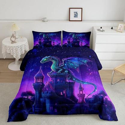 Western Dragon Comforter Set,Fierce Wild Animals Bedding Set for Kids Teens,Castle Mysterious Magical Theme Quilt Set,Duvet Insert 2 Pcs with 1 Pillowcase,Toddler