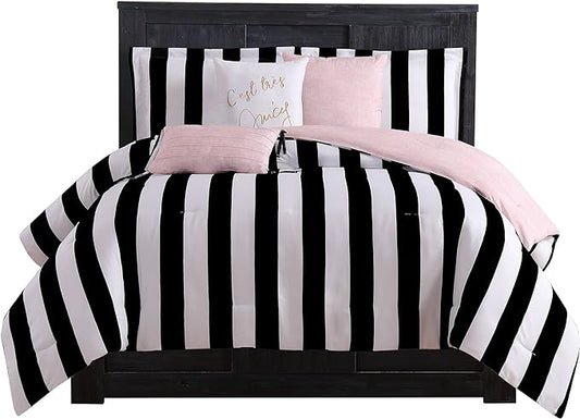 Juicy Couture Cabana Stripe Reversible Bedding Set - Queen Size - Black and White Stripe Print – 6 Piece Set – Includes 1 90" x 90" Comforter, 3 Decorative Pillows, 2 Shams
