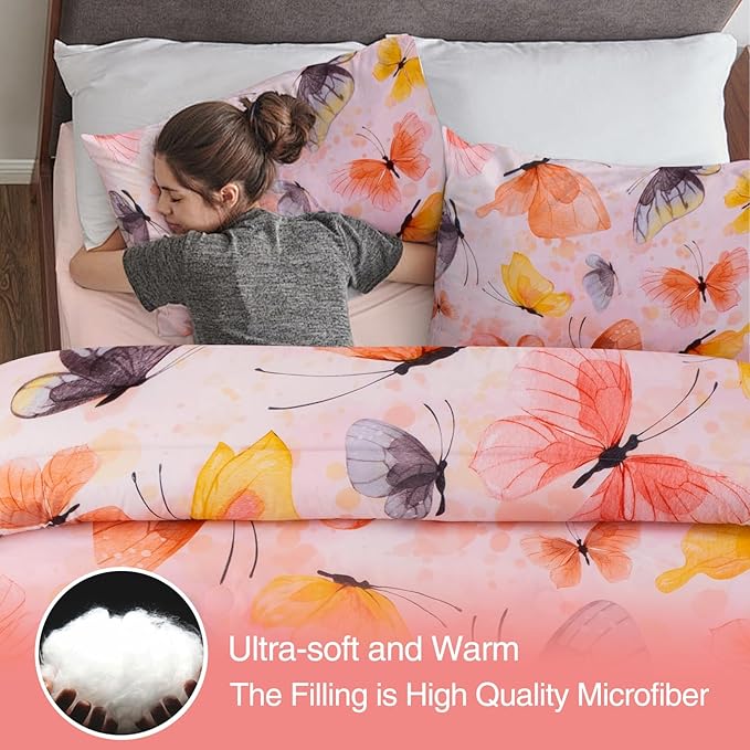 A Nice Night 6pcs Bed in A Bag Watercolor Ink Wash Tie-Dye Butterfly Printed, Butterflies Bedding Comforter Set, Orange Queen
