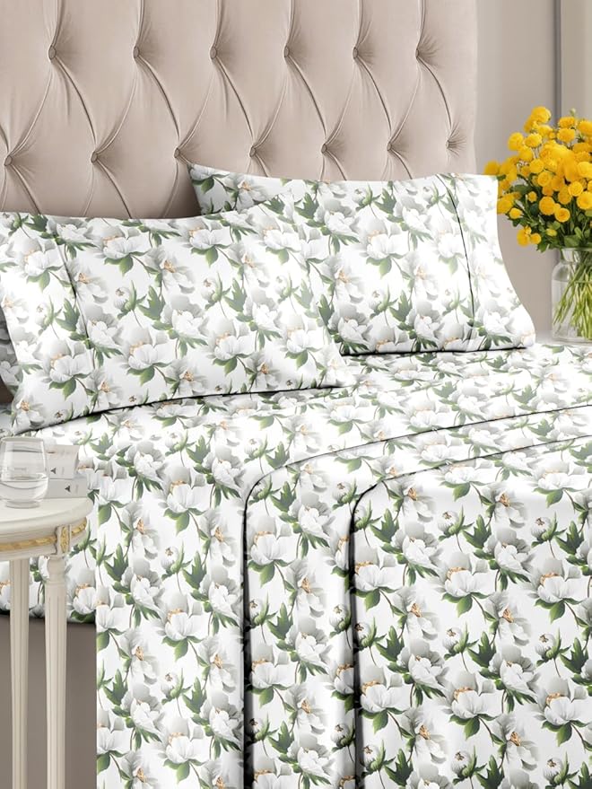 Floral Sheets - Flower Print Bed Sheet Set - 1 Flat, 1 Fitted & 2 Pillowcases w/ Deep Pockets - Comfy, Cozy, Wrinkle & Fade Free - Boho Botanical Bedding - Soft, Breathable & Cooling - Queen Size Set