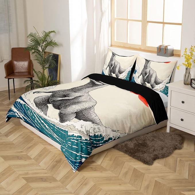 Feelyou Dinosaur Monster Bedding Set King Size Japanese Ukiyoe Theme Duvet Cover for Adult Kids Boys Girls Cool Animal Comforter Cover Set Asian Anime Bedspread Cover 3Pcs Zipper