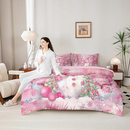 Castle Fairy Kawaii Snowman 7 Pieces Comforter Sets King,Dreamy Pink Christmas Trees Bedding Set for Kids Girls Bedroom Decor,Cute Winter Snowflake Bed in a Bag with Comforter,Sheets and Pillow Cases