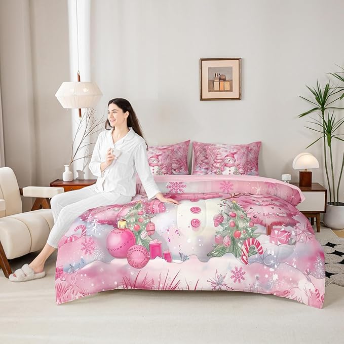 Kawaii Snowman 7 Pieces Comforter Sets Queen,Dreamy Pink Christmas Trees Bedding Set for Kids Girls Bedroom Decor,Cute Winter Snowflake Bed in a Bag with Comforter,Sheets and Pillow Cases