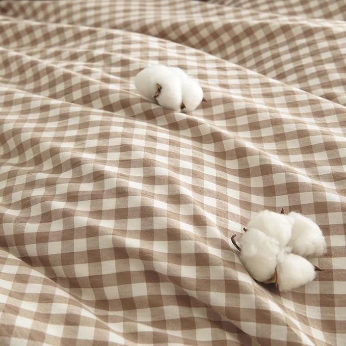 Nayoroom Gingham Duvet Cover Full Size 100% Washed Cotton Brown Tan Plaid Checkered Comforter Cover 3 Pcs Soft Breathable Grid Farmhouse Dorm Bedding Set for All Seasons