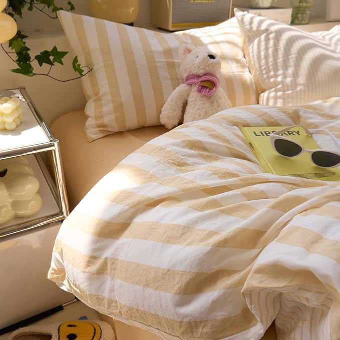 Salmon Pink Striped Duvet Covers Full Hotel Pattern Comforter Cover Full Size Boho Cute Dorm Cozy Duvet Cover Set with 2 Pillow Cases Neutral Teen Girl Bedding Washed Microfiber Duvet Protector