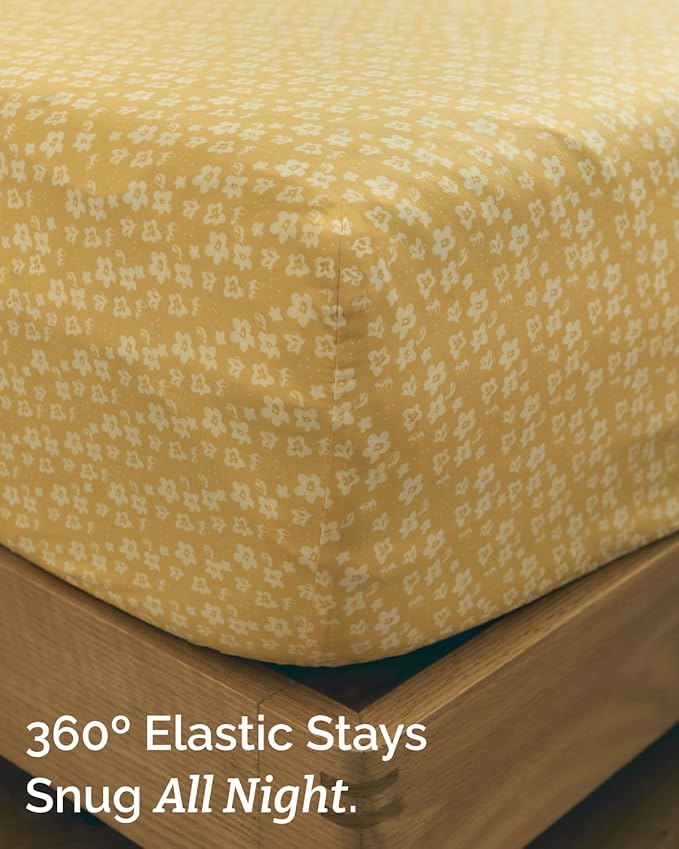 Floral Sheets - Yellow Floral Bed Sheet Set - 1 Flat, 1 Fitted & 2 Pillowcases w/ Deep Pockets - Wrinkle & Fade Free - Boho Botanical Bedding - Ultra-Soft, Breathable and Cooling - Cal King Size Set