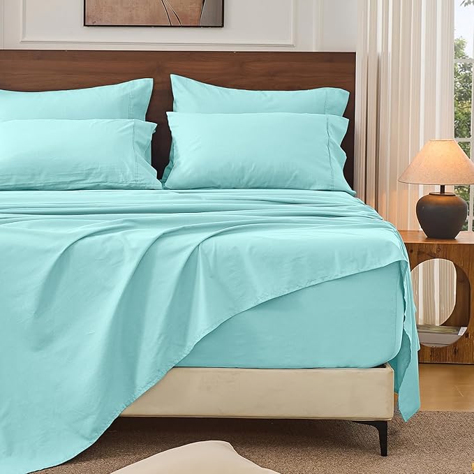 Bedlifes 100% French Linen Sheets King Size 18-24”Extra Deep Pocket 4-Piece Set Breathable & Moisture-Wicking,Soft & Durable Sheets for Thick Mattresses(Teal)