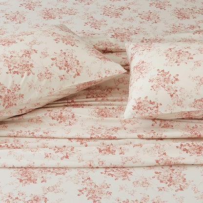 Split King Cotton Sheets Set Printed Bedding Sets, Bedlinen for Mattress Up to 14" Deep, Toile Rose Floral Pattern Bedlinen Set, Pale Red
