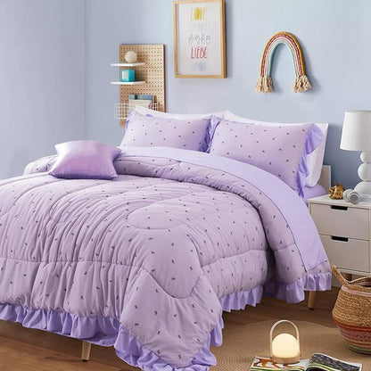 A Nice Night Delicate Bows Print On Purple Background Bedding Set,Ruffle 6 Piece Bed in a Bag Matching Sheet Set,Princess Style Chic Bowknot Printed,Queen