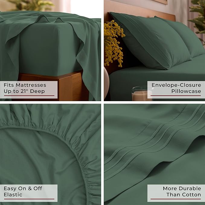 Mellanni King Sheet Set - 6-Piece Iconic Collection Bedding, (Including 4 Pillowcases), 21-Inch Extra Deep Pocket, Easy Care, Ultra Soft, Cooling Sheets, Brushed Microfiber - Emerald Green