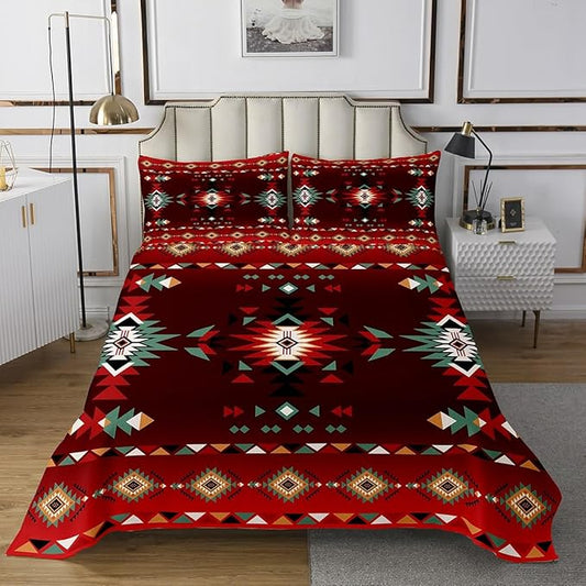 Manfei Geometric Aztec Kids Bedspread King Size,Western Cowboy Arrow Rustic Farmhouse Coverlet Set,Boys Girls Room Decor,Southwest Boho Tribal Quilted Coverlet,Red Black Bedding Quilt,2 Pillowcases