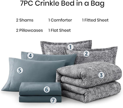 MaiRêve Queen Comforter Set Navy Blue, Crinkle Textured Design Bedding Set 7 Pieces Bed in A Bag, All Season Farmhouse Comforter Set with Sheets, Pillowcases & Shams