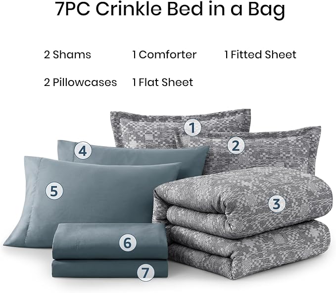 MaiRêve Full Size Comforter Set Navy Blue, Crinkle Textured Design Bedding Set 7 Pieces Bed in A Bag, All Season Farmhouse Comforter Set with Sheets, Pillowcases & Shams