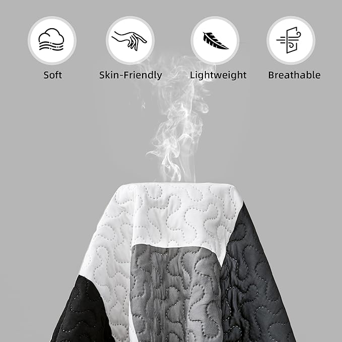 3 Piece Black Grey Quilt Set Full/Queen Size Black White Geometric Reversible Bedding Set Microfiber Lightweight Bedspread Coverlet with 2 Shams Modern Bed Covers for All Season, 90''x96''