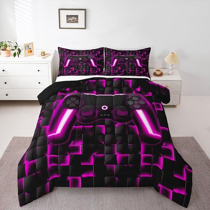 Erosebridal Video Game Comforter Set Queen Gaming Down Comforter Gaming Bedding Sets for Kids Boys Girls Teen,2 Pcs Black Purple Checkered Gamepad Bed Set Neon Lights Geometric Lightweight Quilt