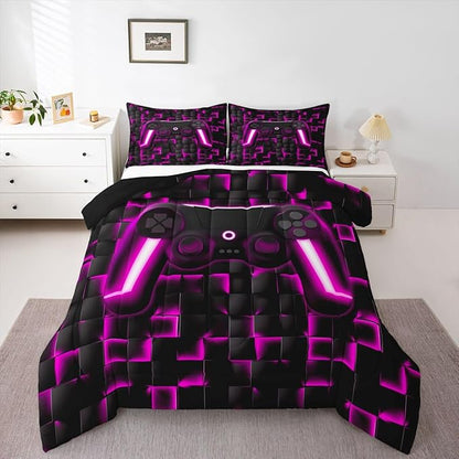 Erosebridal Video Game Comforter Set Queen Gaming Down Comforter Gaming Bedding Sets for Kids Boys Girls Teen,2 Pcs Black Purple Checkered Gamepad Bed Set Neon Lights Geometric Lightweight Quilt