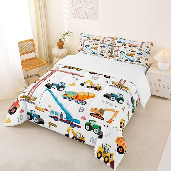 Construction Bedding Set Kids Cartoon Car Comforter Set Equipment Trucks Excavators Down Comforter King Bedroom Decor Vehicle Construction Site Car Duvet Insert With 2 Pillow Cases, Yellow White