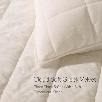 Oversized King Greek Velvet Quilt Set, 3× Softer Luxe Sheen, 100% Cotton Backing, 150GSM Down-Alternative Fill, Extra-Wide 112×106" Hotel-Style Luxury Coverage (1 Quilt + 2 Pillow Shams),Whisper White