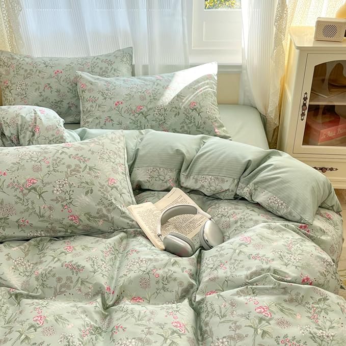Comforter Set Queen 3 Piecess Green Pink Floral Bedding Set for Girls Kids Colorful Botanical Flower Bedding Soft Breathable Microfiber Sage Green Comforter with 2 Pillowcases